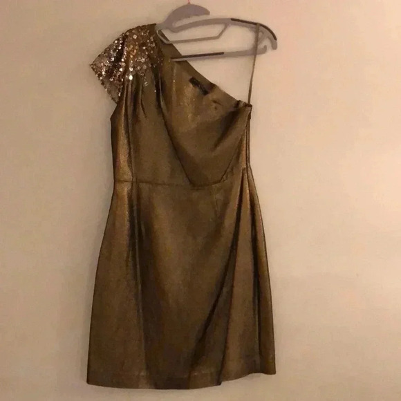 Elie Tahari Keaton One Shoulder Antique Gold Dress - Picture 1 of 7